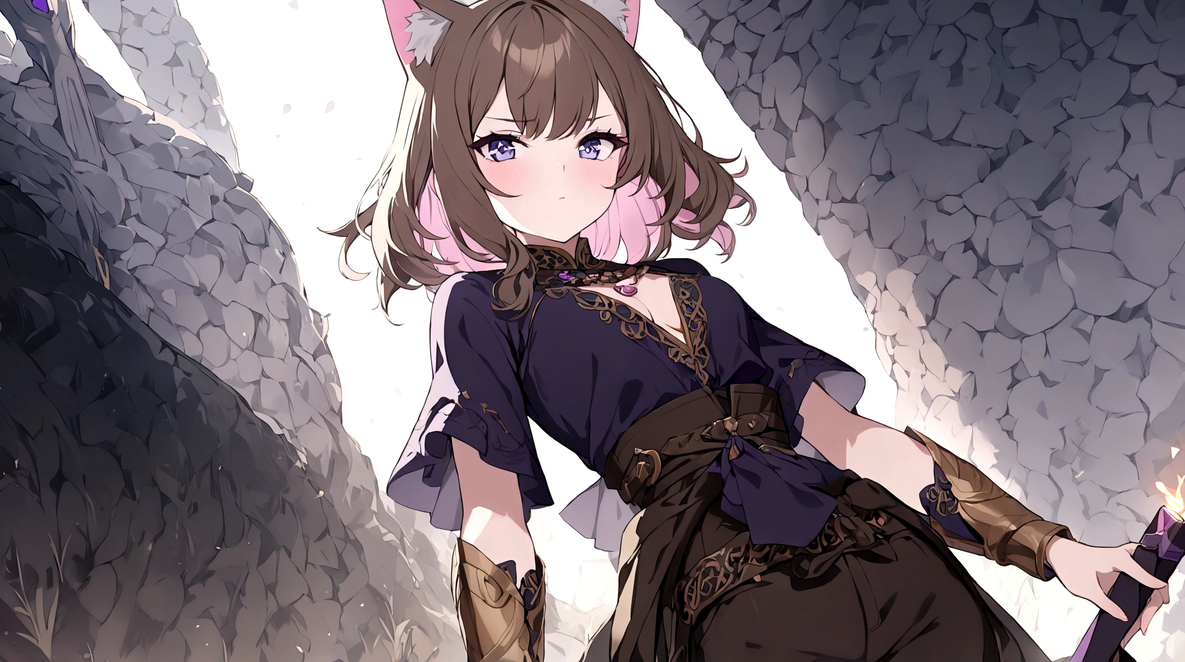 (1girl, Masterpiece, best quality) (detailed and beautiful eyes:1.6) (perfect hands, perfect anatomy) A young female character with long, brown hair featuring lighter streaks, styled in loose waves. She has striking (purple eyes and a confident, slightly defiant expression). She has distinctive (cat-like ears, brown with pink inner fur with tail. She wears a black and dark purple form-fitting top fantasy adventurer adorned with gold and red accents, including intricate patterns. Over this, she has a dark-purple cloak covering with gold detailing. Accessories include a fiolet gemstone necklace and a belt with gold ornaments. The character is depicted in a dynamic low-angle shot, giving a sense of power and movement. The lighting is warm and dramatic, with strong highlights and shadows enhancing the overall design. She has a brown belt with dark fiolet accents cinched around her waist and (wears brown pants) with armored greaves.