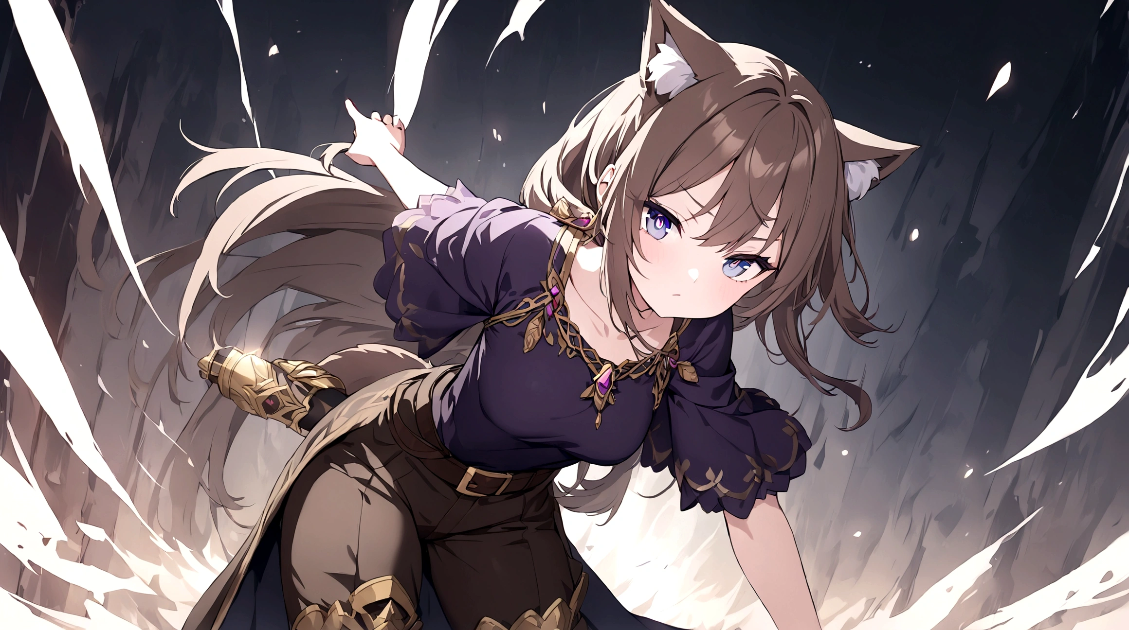 (1girl, Masterpiece, best quality) (detailed and beautiful eyes:1.6) (perfect hands, perfect anatomy) A young female character with long, brown hair featuring lighter streaks, styled in loose waves. She has striking (purple eyes and a confident, slightly defiant expression). She has distinctive (cat-like ears, brown with pink inner fur with tail. She wears a black and dark purple form-fitting top fantasy adventurer adorned with gold and red accents, including intricate patterns. Over this, she has a dark-purple cloak covering with gold detailing. Accessories include a fiolet gemstone necklace and a belt with gold ornaments. The character is depicted in a dynamic low-angle shot, giving a sense of power and movement. The lighting is warm and dramatic, with strong highlights and shadows enhancing the overall design. She has a brown belt with dark fiolet accents cinched around her waist and (wears brown pants) with armored greaves.