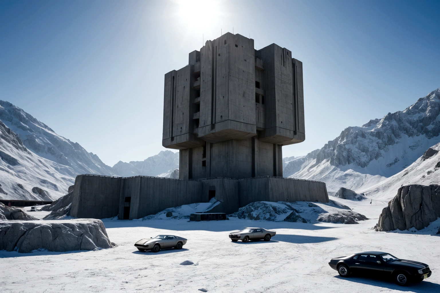 ((ON AN ALIEN PLANET IN THE FOREGROUND THERE IS A BRUTALIST STYLE CONCRETE FORTRESS AND A FUTURISTIC 40TH CENTURY AD FLYING SPACESHIP PASSES IN THE BACKGROUND))AMONG THE STEEP AND INTRINSIC MOUNTAINS WITH SHARP ROCKS WITH SNOW AND ICE, THE CLEAR AND COLD SKY HAS THE CLOUDS DESTROYED BY THE FREEZING WIND FROM THE POLE, IMAGEN HIPER REALISTA, MAXIMUM DEPTH OF FIELD, MAXIMUM HDR 4K RESOLUTION, PERSPECTIVA PERFECTA