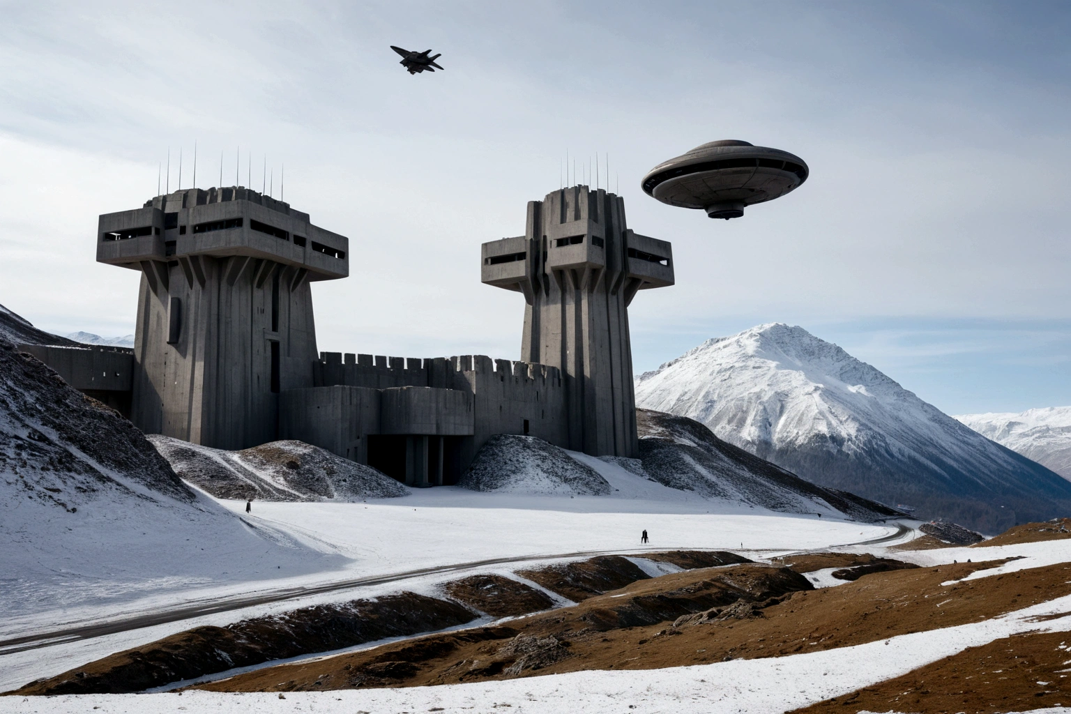 ((ON AN ALIEN PLANET IN THE FOREGROUND THERE IS A BRUTALIST STYLE CONCRETE FORTRESS AND A FUTURISTIC 40TH CENTURY AD FLYING SPACESHIP PASSES IN THE BACKGROUND))AMONG THE STEEP AND INTRINSIC MOUNTAINS WITH SHARP ROCKS WITH SNOW AND ICE, THE CLEAR AND COLD SKY HAS THE CLOUDS DESTROYED BY THE FREEZING WIND FROM THE POLE, IMAGEN HIPER REALISTA, MAXIMUM DEPTH OF FIELD, MAXIMUM HDR 4K RESOLUTION, PERSPECTIVA PERFECTA