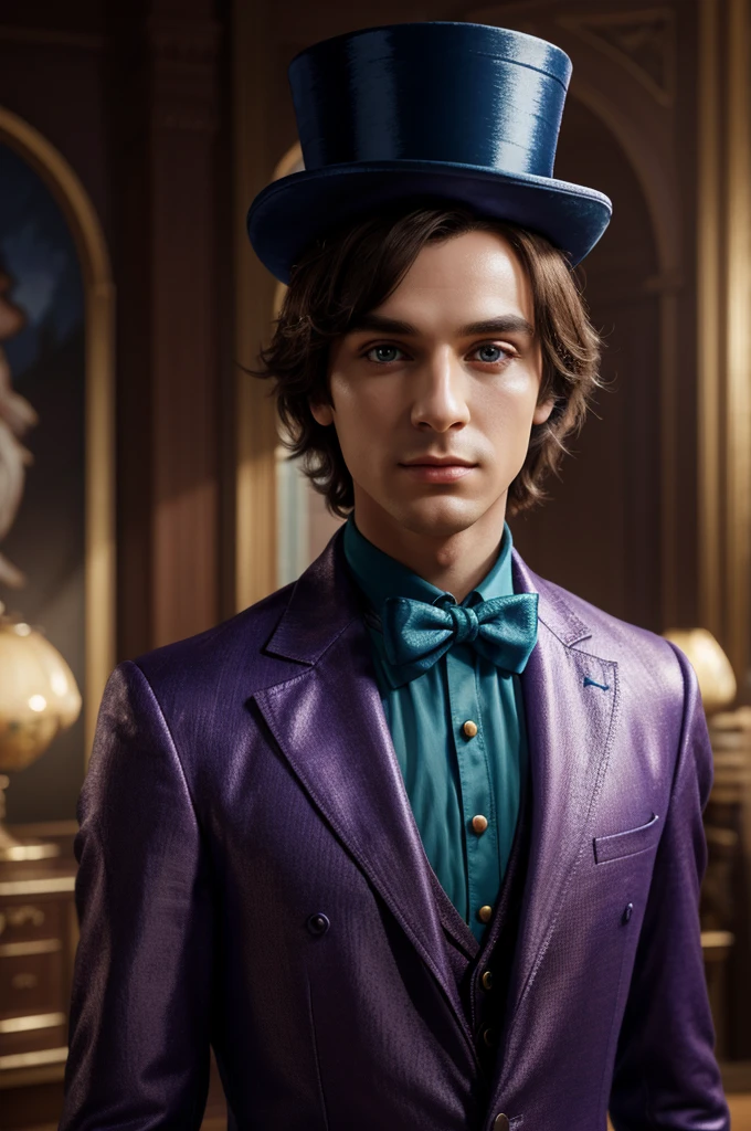 a whimsical portrait of willy wonka, surreal, cinematic lighting, vibrant colors, intricate details, 1 young man, beautiful detailed eyes, beautiful detailed lips, extremely detailed face, long eyelashes, mischievous expression, top hat, colorful coat, standing pose , fantasy, dreamlike, (best quality, 8k, high resolution, masterpiece: 1.2), ultra-detailed, realistic, photorealistic: 1.37, concept art, digital painting