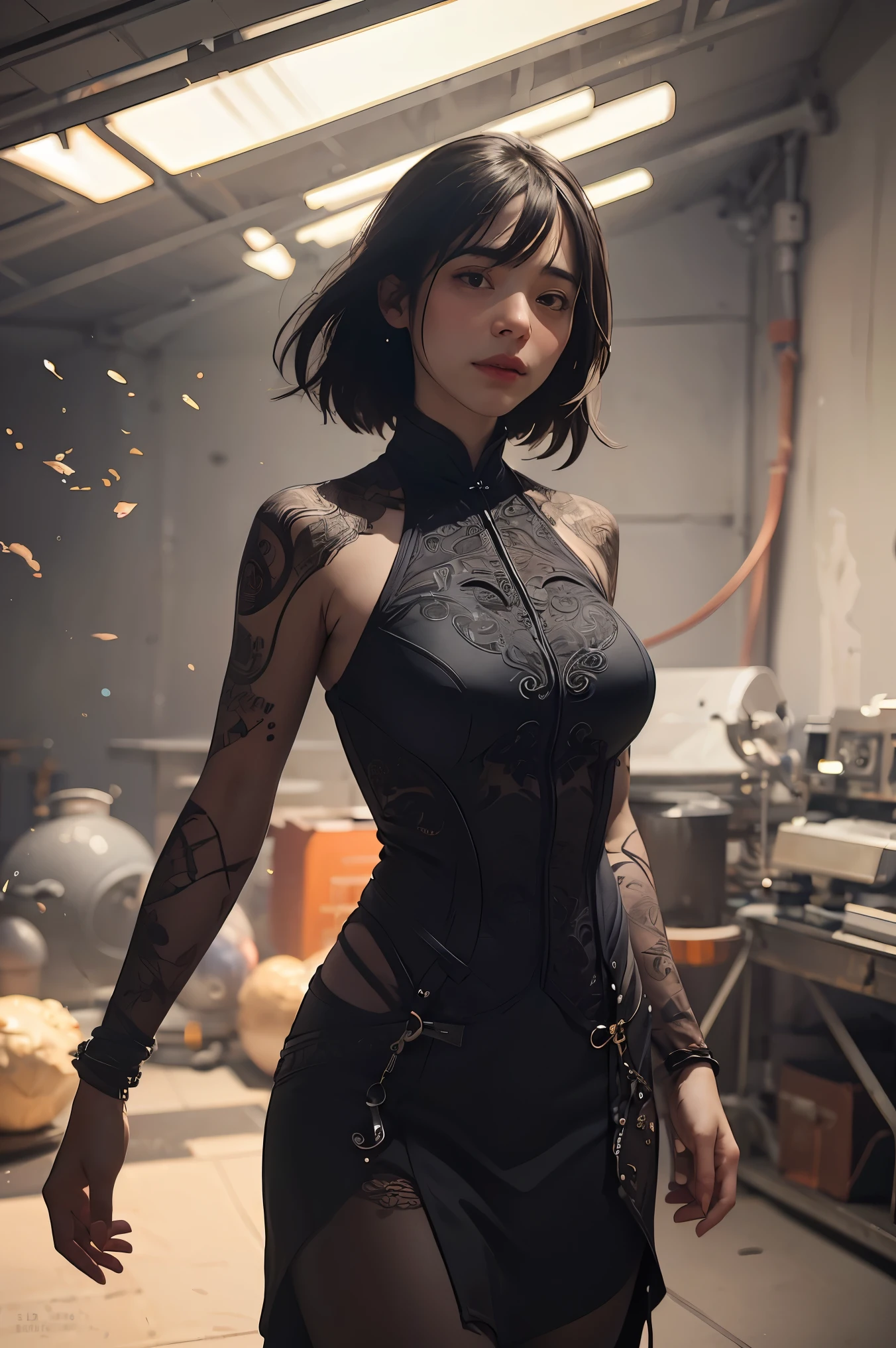 ((masterpiece, best quality)), ultra detailed 8k, photorealistic, sharp focus, highly detailed, professional lighting , shadowmancer, photo of a woman, ink particle, ((swirling black ink floating around)), futuristic fantasy, futuristic black dress, dynamic pose, realistic, masterpiece, intricate details, detailed background, depth of field,