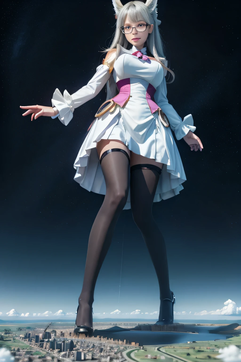 giantess art, highly detailed giantess shots, giantess, most detailed, perfect face, Two legs, Five fingers, A beautiful girl who is bigger than a skyscraper, Wearing rimless glasses, smile, huge , blue base and white accents magical girl dress, bow, magical girl, holding a magical wand, black pantyholue stiletto heels, thunderbolt from a magical wand, Destroying cities, Under heavy attack, A very small big city, Miniature metropolis, Full body description, GTS, giga giantess, stomping city, crash city, tiny city, micro city, pantyhose feigh resolution, highest quality, masterpiece,