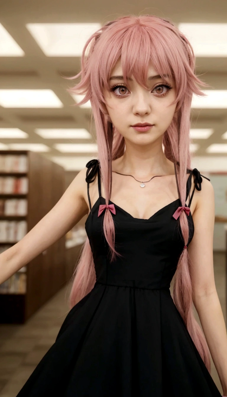 un primer plano de una persona con un vestido con cabello rosado, hyperrealistic 26 year old young adult anime girl named gasai yuno, as an personaje animado, chica anime con un vestido negro, female personaje animado, Mirai nikki, personaje animado, estilo anime como el destino/Estancia de noche, chica calamar hembra rosa humanoide, en un anime, ung adult anime gothic 26 years old hyperrealistic, gasai yuno