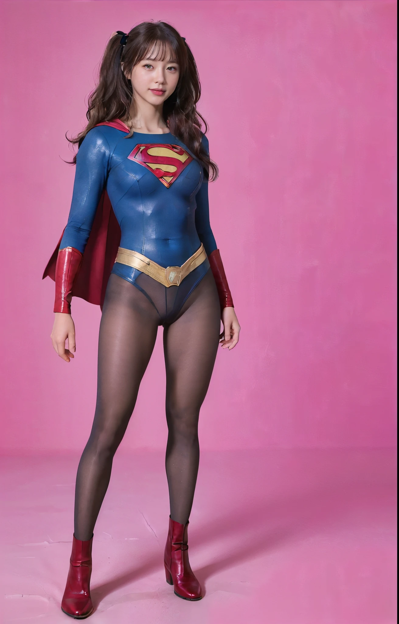 No background、(((Beautiful legs in black tights.)))、(((Legally express the beauty of your smile)))、((((Make the most of your original images)))、(((体にぴったりフィットするSupergirl Costume)))、(((Supergirl Costume)))、(((Beautiful twin tail hairstyle)))、(((She is winking cutely.)))、(((Please wear black tights....、Wear red boots)))、((Best image quality、8k))、((highest quality、8k、masterpiece:1.3))、(((Preserve background )))、Sharp focus:1.2、Beautiful woman with perfect figure:1.4、Slim Abs:1.2、Wet body:1.5、Highly detailed face and skin texture、8k