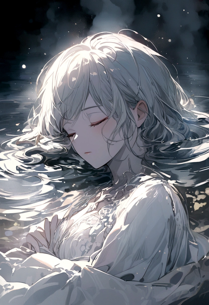 serene and unreal scene, face of a woman seen in profile coming out of the water, gray skin, eyes closed, sleeping, steam, dreamlike atmosphere