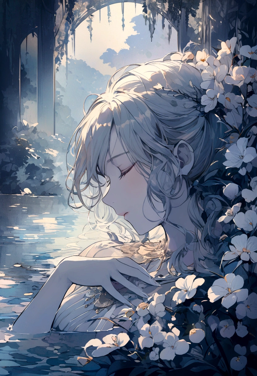 serene and unreal scene, face of a woman seen in profile coming out of the water, gray skin, eyes closed, sleeping, steam, dreamlike atmosphere