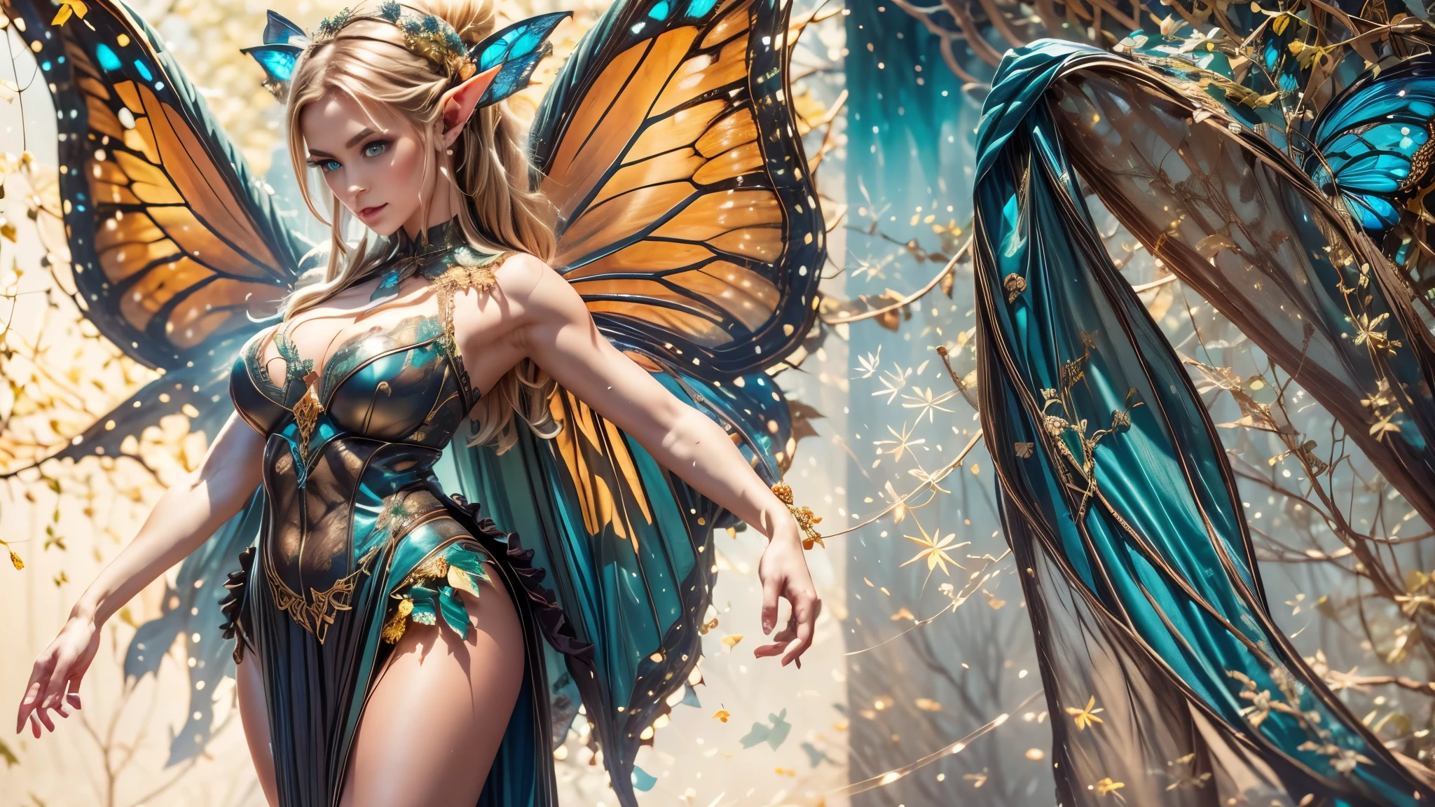 Best quality, masterpiece, ultra high res, raw photo, beautiful and aesthetic, deep shadow, fairy theme,(ultra detailed:1.3),
1girl, sexy pose, flower headdress, drill hair, long hair, blonde hair, gradient hair, yellow eyes, solo, huge breasts, big hair, blue hair, divine goddess, looking at viewer, indoors, queen bedroom, empress bed, room full of curtain, astraea, full body, midnight, glowing light, neon light, butterfly dress, transparant dress, butterfly wings
