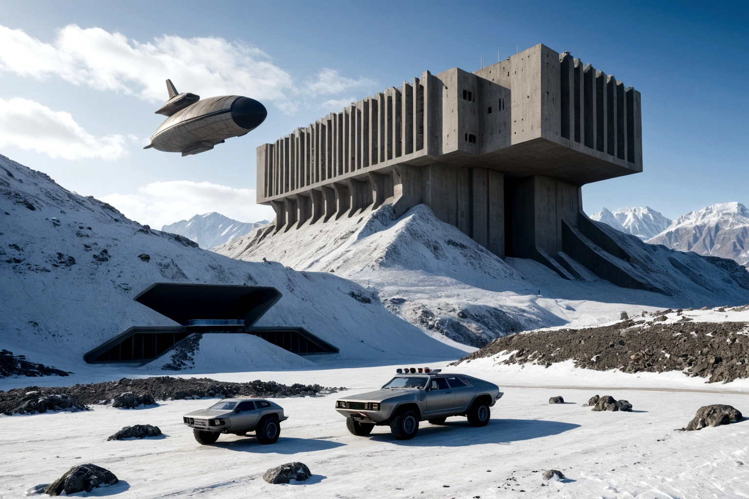 ((ON AN ALIEN PLANET IN THE FOREGROUND THERE IS A BRUTALIST STYLE CONCRETE FORTRESS AND A FUTURISTIC 40TH CENTURY AD FLYING SPACESHIP PASSES IN THE BACKGROUND))AMONG THE STEEP AND INTRINSIC MOUNTAINS WITH SHARP ROCKS WITH SNOW AND ICE, THE CLEAR AND COLD SKY HAS THE CLOUDS DESTROYED BY THE FREEZING WIND FROM THE POLE, IMAGEN HIPER REALISTA, MAXIMUM DEPTH OF FIELD, MAXIMUM HDR 4K RESOLUTION, PERSPECTIVA PERFECTA