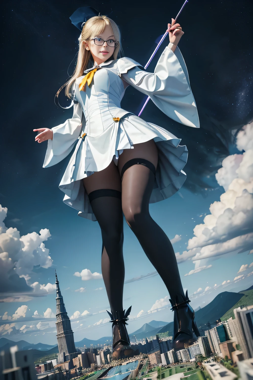 giantess art, highly detailed giantess shots, giantess, most detailed, perfect face, Two legs, Five fingers, A beautiful girl who is bigger than a skyscraper, Wearing rimless glasses, smile, huge , blue base and white accents magical girl dress, bow, magical girl, holding a magical wand, black pantyholue stiletto heels, thunderbolt from a magical wand, Destroying cities, Under heavy attack, A very small big city, Miniature metropolis, Full body description, GTS, giga giantess, stomping city, crash city, tiny city, micro city, pantyhose feigh resolution, highest quality, masterpiece,