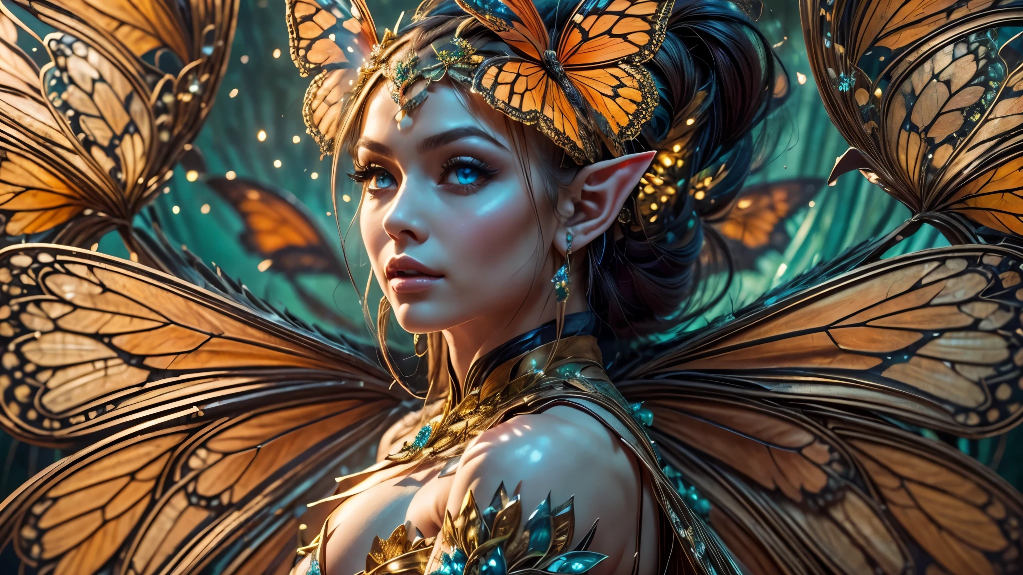 Beautiful faerie woman, elf ear, flying, massive monarch butterfly wings between shoulder blades, glowing blue eyes, detailed proportional hands, proportional body, firm breast, frank Frazzetta painting style, (Best Quality:1.4), (Ultra-detailed), (extremely detailed CG unified 8k wallpaper), Highly detailed, RAW Photos, Professional Photography, plein air, Illumination, (Super fancy photos:1.4), (Dazzling light), Radiant Photography, depth of fields