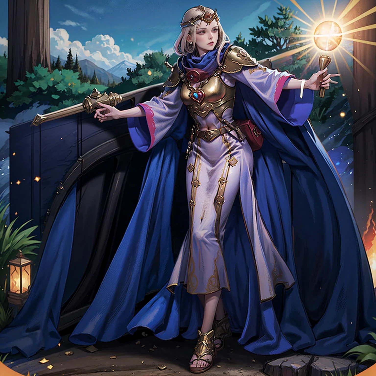 full body toe to head, masterpiece, 1soloMILF BIMBO standing pose holding magical wooded staff with ruby rose gemstone on it. long cape, strong body, abs, shiny skin (masterpiece, best quality) 1girlsolo (the empress:1.15) (red cape) curtain, armored dress, queen dress, aurora (sunshine, sky, river, forest)