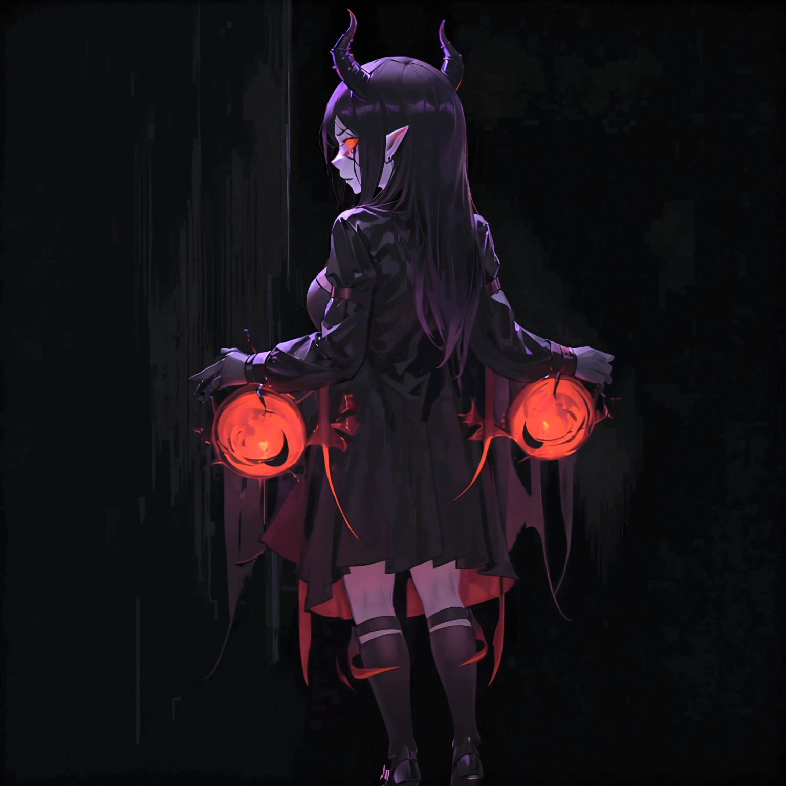 a gothic sexy succubus with long demon horns, has crimson red skin, wearing black leather bdsm gear, in a dark black room, has a feint aura, lit up from behind her