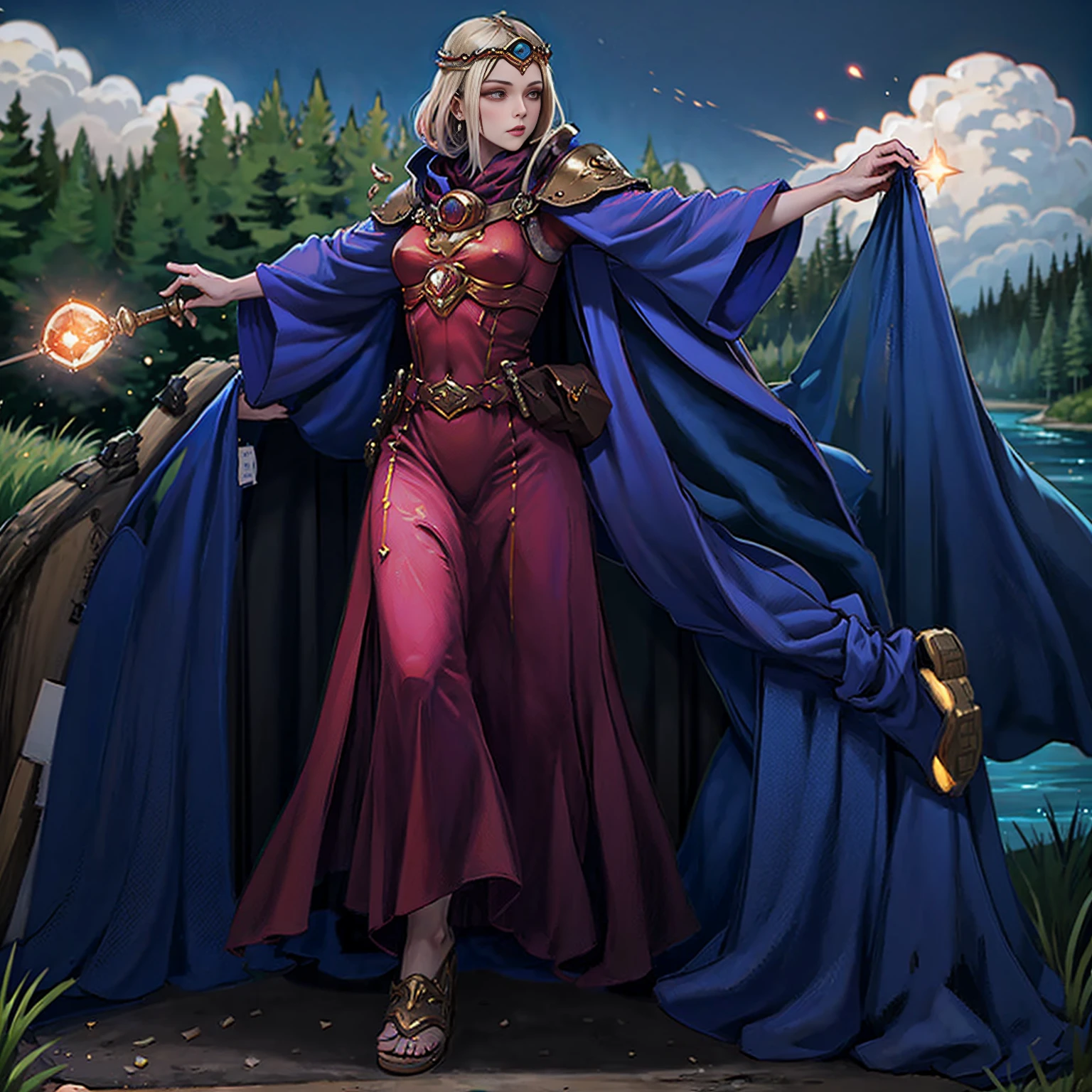 full body toe to head, masterpiece, 1soloMILF BIMBO standing pose holding magical wooded staff with ruby rose gemstone on it. long cape, strong body, abs, shiny skin (masterpiece, best quality) 1girlsolo (the empress:1.15) (red cape) curtain, armored dress, queen dress, aurora (sunshine, sky, river, forest)