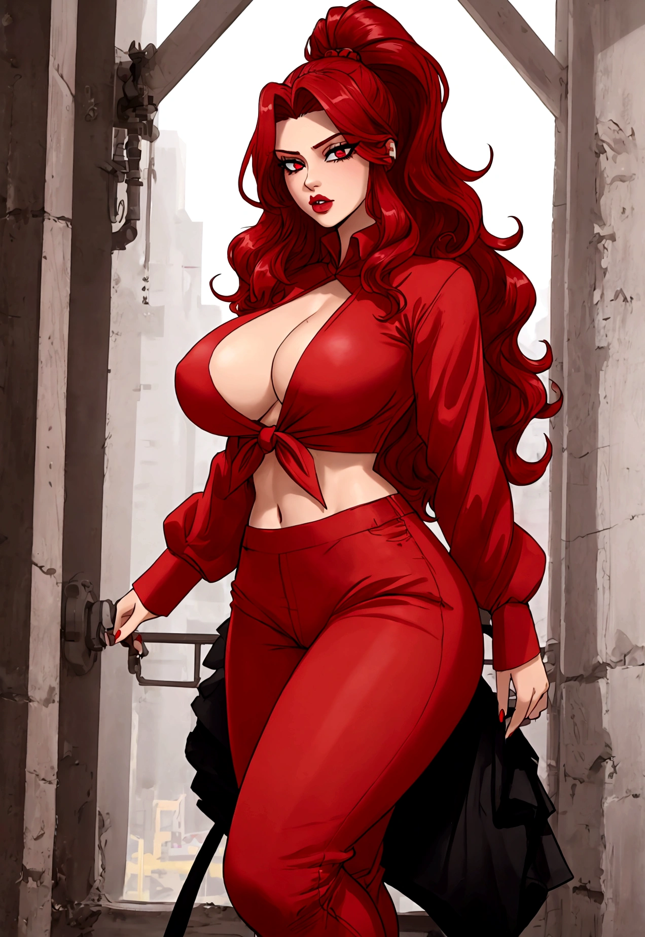 A tall sexy tough woman beautiful attractive big breast long wavy red hair her big red eye black eyelash pink lip she dresses red blouse tied knot shows navel sexy curve and her long gray pants red sneakers 