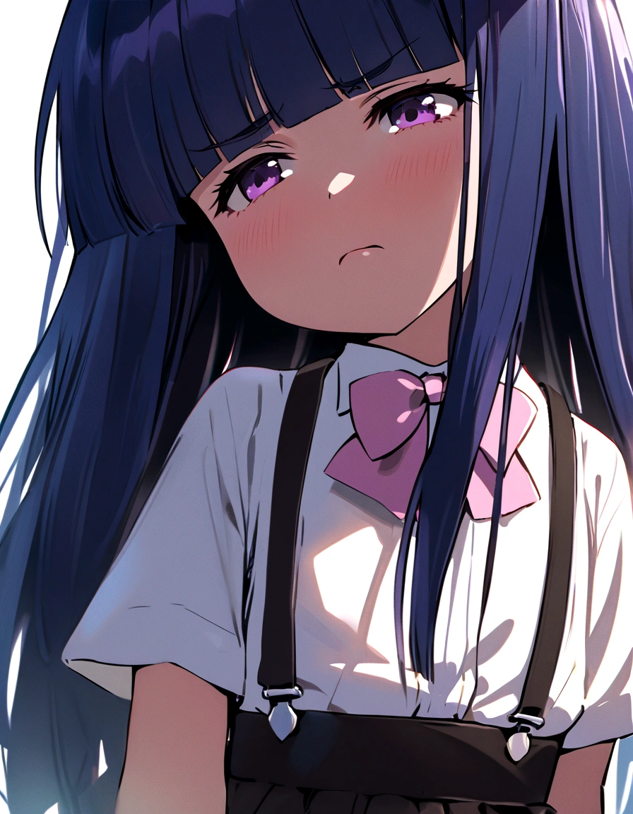 Woman showing disgust, Little, One girl, (furude rika), blue hair, purple eyes, long hair, blunt bangs, bangs, white shirt, pink bow, suspenders, black skir,