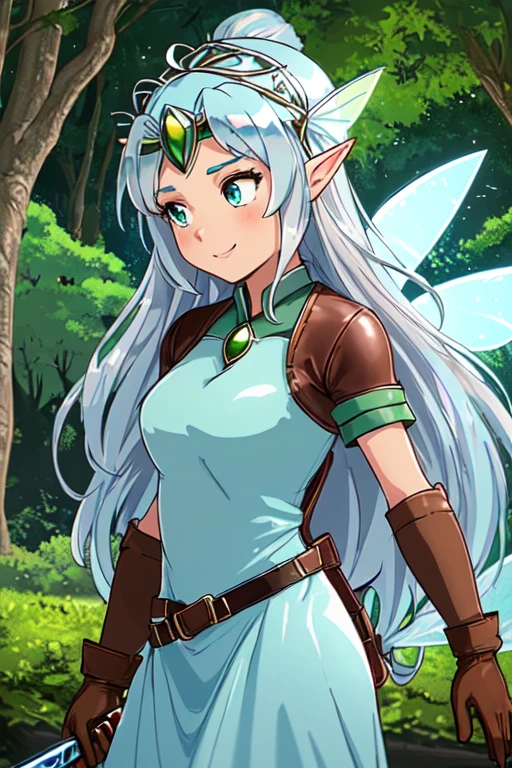 (best quality:1.3), (4K quality),masterpiece, best quality, high res, detailed, (Detailed face:1.2), (Detailed eyes:1.2), (Perfect figure:1.2), CARTOON, ANIME, CARTOON ARTSTYLE, Fantasy style, Fantasy setting, solo, 1girl, fairy, (fairy wings:1.3), (light blue-colored skin:1.2), long white hair, blue eyes, confident smile, (Wearing: silver headpiece, long green dress, leather belt, brown leather gloves, brown boots:1.4), holding a sword, landscape of a beautiful forest
