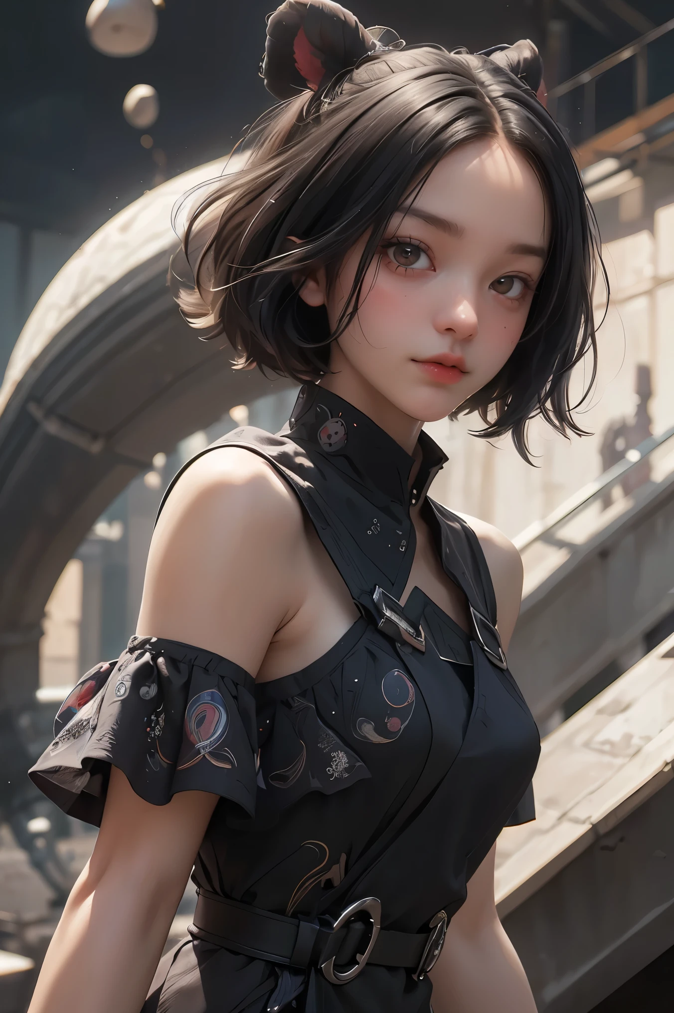 ((masterpiece, best quality)), ultra detailed 8k, photorealistic, sharp focus, highly detailed, professional lighting , shadowmancer, photo of a woman, ink particle, ((swirling black ink floating around)), futuristic fantasy, futuristic black dress, dynamic pose, realistic, masterpiece, intricate details, detailed background, depth of field,