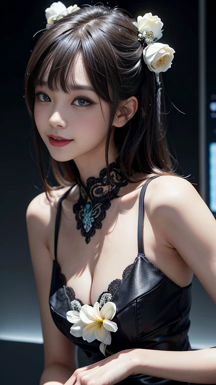 masterpiece, 1 beautiful girl, detailed, Swollen eyes, highest quality, 超High resolution, (reality: 1.4), Original photo, One girl, Cinema Lighting, smile, Japanese, Asian Beauty, Korean, clean, so beautiful, Small young face, Beautiful Skin, thin, Cyberpunk Background, (Ultra-realistic), (High resolution), (8k), (非常にdetailed), (Best illustrations), (Beautiful and detailed eyes), (非常にdetailed), (wallpaper), (detailedな顔), Viewers are watching, The finer details, detailedな顔, Pure Erotic Face Ace_v1, smile, 46 point diagonal bangs, Look straight ahead, Dress neatly, Dark Eyes, Sleeveless clothing, Body facing forward,