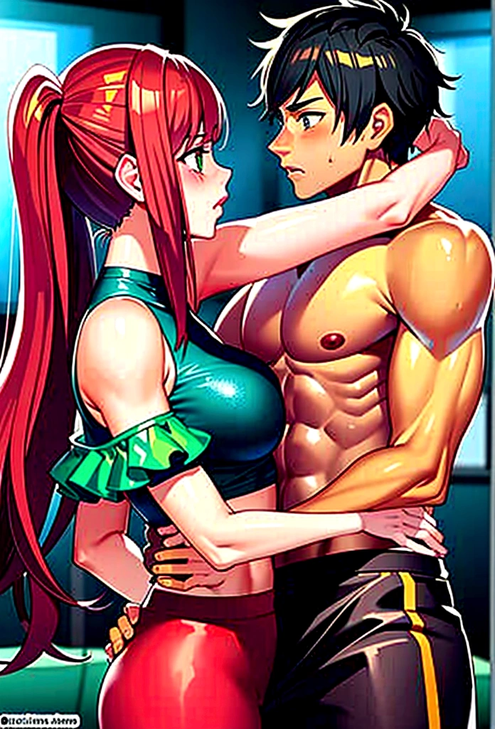 1girl, 1man, duo, a man with long red hair and green eyes and freckles getting force to mate with a girl with black hair, the man is muscular, girl sitting on man laps, girl leans on the man chest, girl arms over man shoulder, man grab girl waist, kissing, sweating alot, blushed, shiny skin, aroused, the man is shirtless, man wearing red sweat pants, girl wearing green sport bra with sleeves, girl wearing black sweat pants, this scene is shoot at the gym, side view,