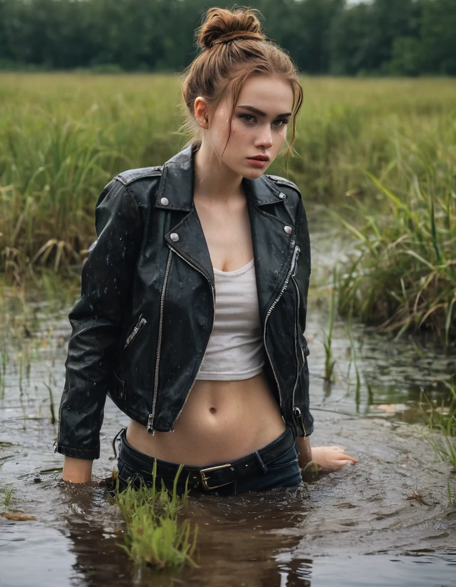 masterpiece, professional, sensation, attention-grabbing, girl, drowning in a swamp, drowning, sinking, long messy loose bun, freckles, wearing soaking wet flared dark jeans, messy, faded leather biker jacket, t-shirt, pale skin, lifeless expression, can't help herself, intimate moment:1.2, fetishistic desires, provocative context, victim pose