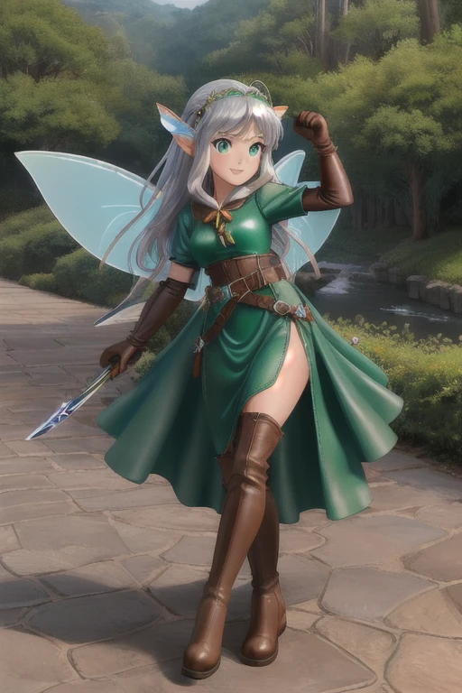 (best quality:1.3), (4K quality),masterpiece, best quality, high res, detailed, (Detailed face:1.2), (Detailed eyes:1.2), (Perfect figure:1.2), CARTOON, ANIME, CARTOON ARTSTYLE, Fantasy style, Fantasy setting, solo, 1girl, fairy, (fairy wings:1.3), long white hair, blue eyes, confident smile, (Wearing: silver headpiece, long green dress, leather belt, brown leather gloves, brown boots:1.4), holding a sword, landscape of a beautiful forest
