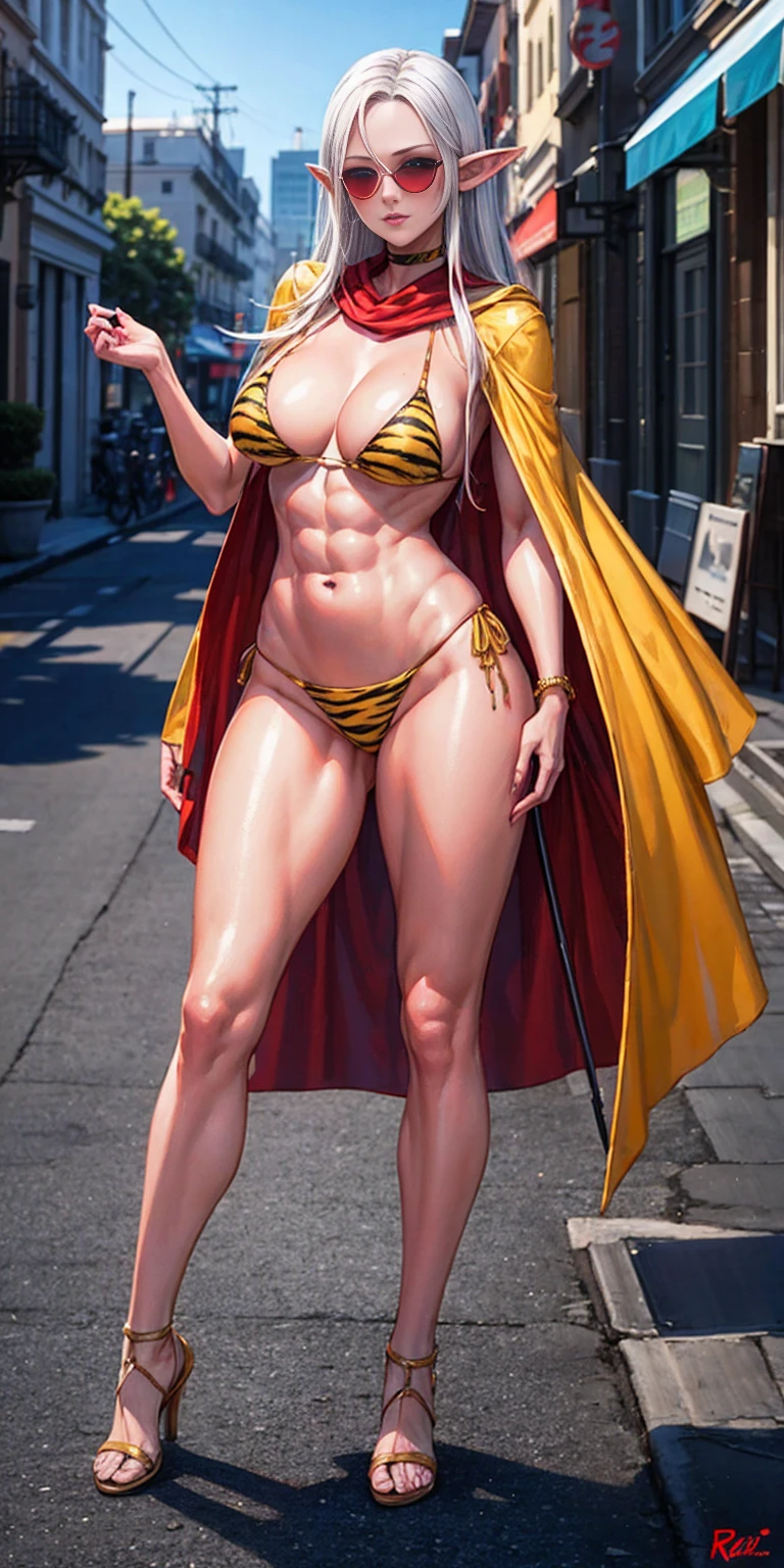 Full body, masterpiece, 1solofemale drow elf purple skin standing pose (yellow tiger bikini) red cape, red bikini, long white hair, strong body, abs, Ultra Quality, shiny skin, Atmospheric, 8K, Cinematic ((Street background)) BREAK, sunglasses