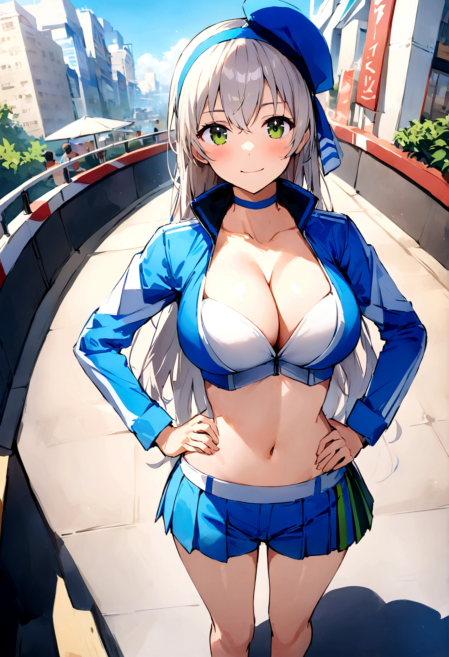 score_9, score_8_up, score_7_up,4k, ,BREAK , (from front,top angle),standing,straight-on,hands on hips,1girl,RACEELIE, long hair,HAIRBAND, CHOKER, BLUE HAT, BLUE JACKET, CROPPED JACKET, CLEAVAGE,large breast, MIDRIFF, BLUE SHORTS, PLEATED SKIRT,(light smile),(daytime and beachside and city), ,,,detailed skin,,(best quality),,(aesthetic,very aesthetic),sharp focus,depth of field,,