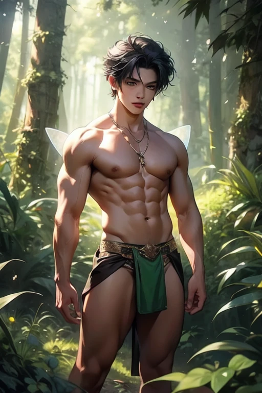 masterpiece, best quality, 1 naked muscular boy, falling from the sky, clouds, balloons, full body shot, looking at the camera,perfect eyes,high detailed,uhd 8k,ultra realistic,photorealistic, yellow and green holographic colors, futuristic, cartoon rendering, cinematic shot, best quality, masterpiece, realistic, 1boy, handsome young looking babyface, elven ears, instagram model, fairy wings, topless, (loincloth underwear:1.1), puffy nipples, torso shot, short hair spiked black hair, forest background, fantastical, overgrown trees and plants,