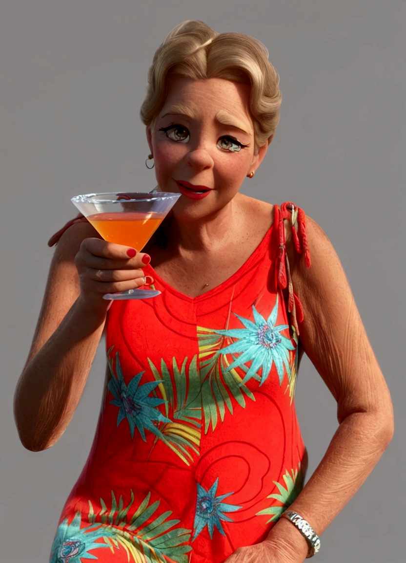 Cartoon, mulher de 70 anos, loira, cabelo curto, holding a martini glass, PIXAR animation style rendering