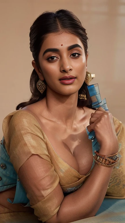 close-up portrait, (portrait photo), ((best quality)), masterpiece, 8k wallpaper, nikon, cinematic lighting, medium hair, ((blue saree)), (photorealistic:1.4), (pooja hegde), (as maid), hourglass figure, curvy, swooping breasts, (deep cleavage), (doing push ups),