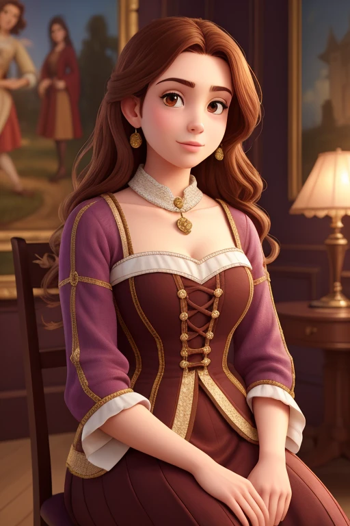 (highest quality,4K,8k,High resolution,masterpiece:1.2),Super detailed,(Realistic,photoRealistic,photo-Realistic:1.37)
Portraiture,Classic,Portraiture painting,Historical painting of a 47-year-old woman with light brown skin and a round face, medium dark brown hair, Charming smile, Dark brown eyes, Wear glasses. The woman is dressed in elegant clothing consistent with 17th century style.。. She is sitting on a wooden chair against a luxurious backdrop of an old palace, The walls are painted with intricate patterns. The lighting in the scene is soft and warm, emphasize female characteristics、Create a sense of intimacy. The colors in the painting are rich and vivid, Deep red shade, Money, Purple and, Give a solemn and majestic atmosphere to the work of art. The level of detail in the paintings is very high, Capturing all the complexities of a woman&#39;s face, hair, clothing. The artist pays great attention to realism and photorealism, Each brush stroke、Make sure you accurately capture the texture and depth of your subject. The composition of the whole painting is well balanced.、It&#39;s in harmony。, The woman&#39;s gaze is directed towards the viewer, Inviting them into the fascinating world of artworks. The portrayal of women exudes confidence, wisdom, and grace, Showcasing her inner strength and beauty.