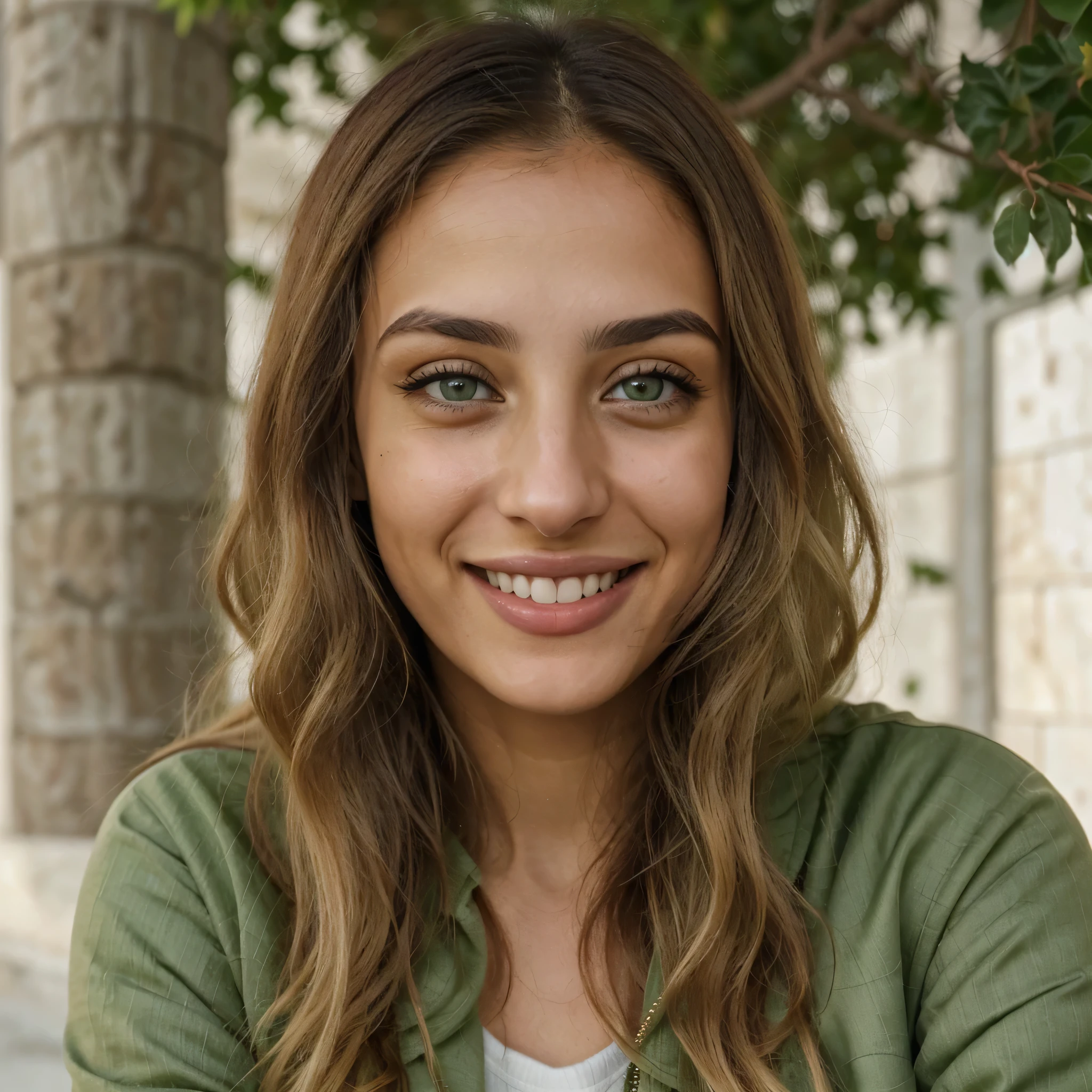 one cute women, 29YO, Arab, Palestinian, realistic light green eyes, green jacket, blonde/brown hair, cute smile, white realistic teethes, big eyes, long hair, no hands