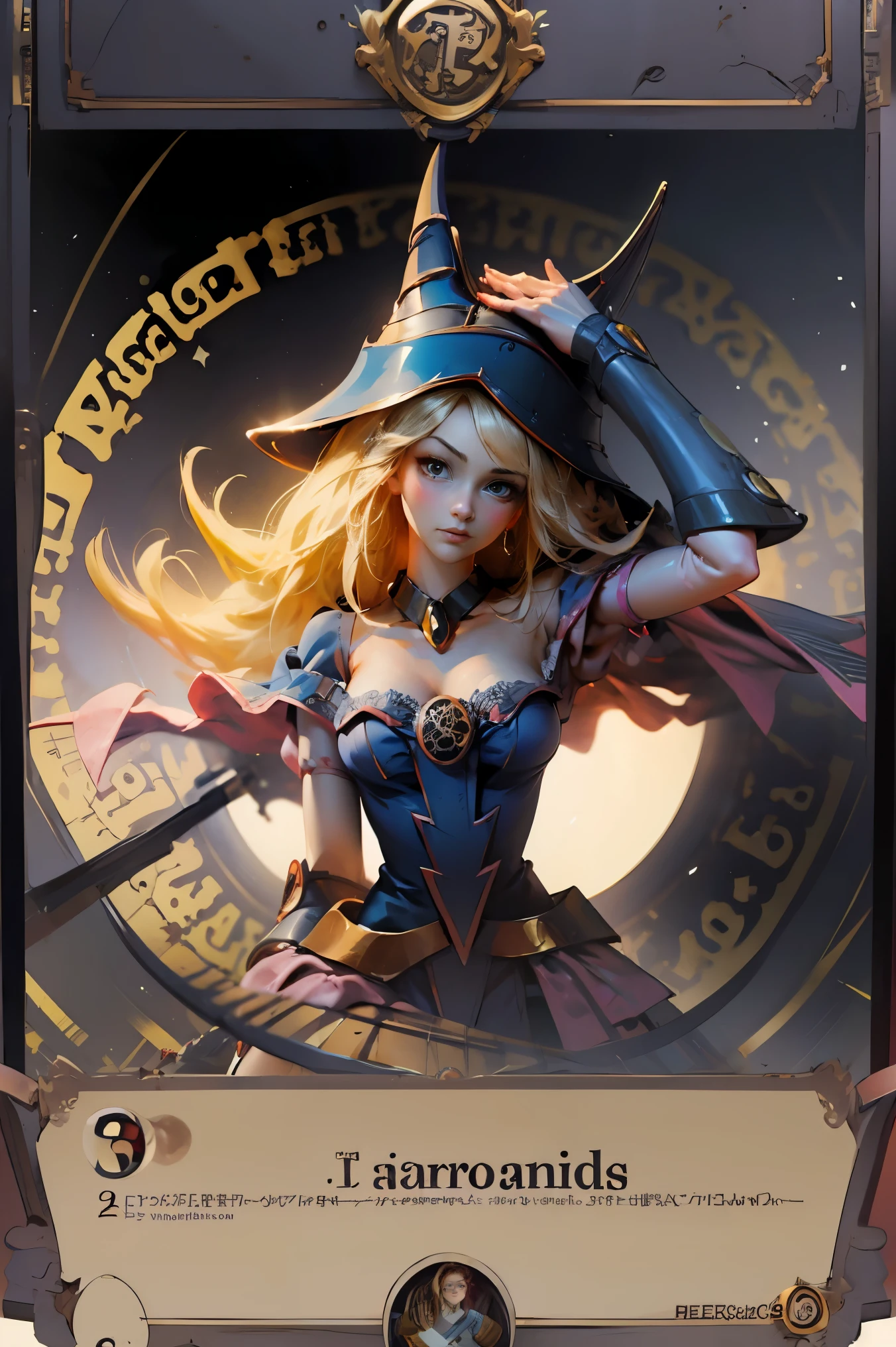 (Obra maestra:1.2), (La mejor calidad:1.2), perfect lighting, Chica Maga Oscura lanzando un hechizo, flotando en el aire, tetas grandes, escote, fondo de magia. Corazones transparente en el hambiente, bata azul, sombrero grande, desde arriba, Destellos, Yugioh Card en el fondo