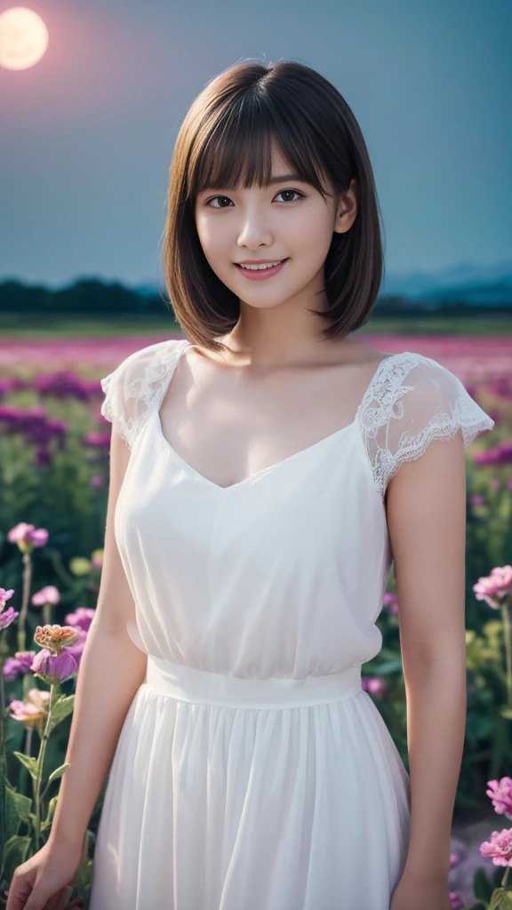 ((table top:1.4, highest quality)), (realistic pictures:1.4), 
((1 girl)), (Pure actress), (dream-like),
(超High resolution:1.2), very delicate and beautiful, wonderful, Highly detailed CG Unity 8K wallpaper, Super detailed, High resolution, 
soft light, beautiful detailed girl, highly detailed eyes and face, beautifully detailed nose, beautiful and detailed eyes, 
(wear a light white dress:1.3), 
cinematic lighting, perfect anatomy, slender body, (parted bangs),
(A girl standing in a flower field on a plateau at night:1.3), (night view:1.3), (A field of flowers illuminated by moonlight々:1.3), (outdoor), (contrast of light and dark), (fantastic beauty),
cowboy shot, looking at the viewer, (smile)
