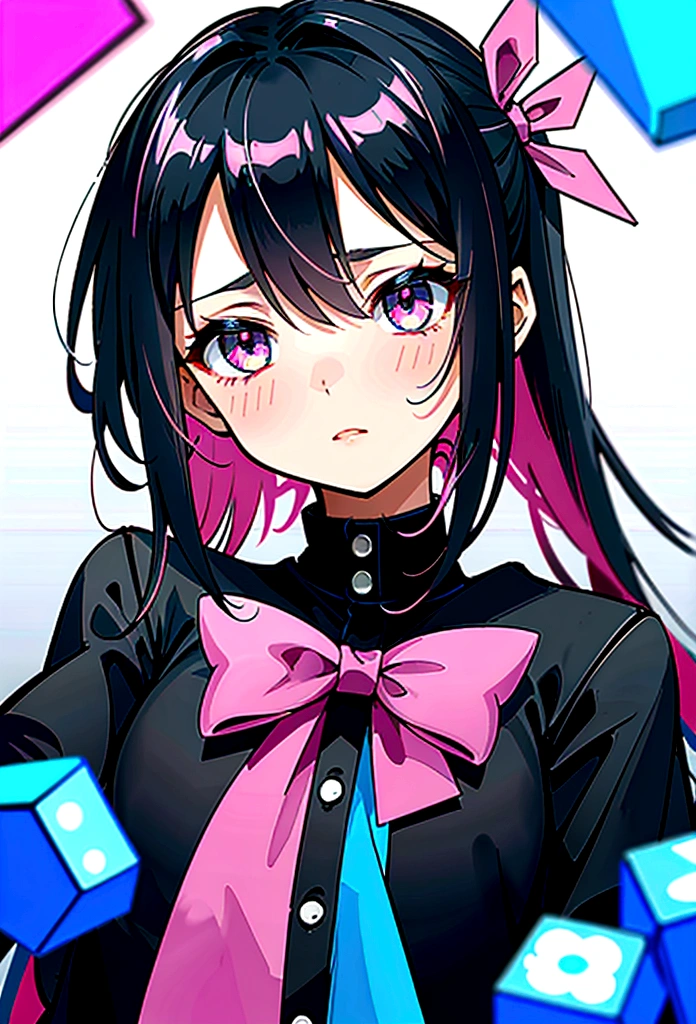 una chica anime de ojos rojos, black hair with pink highlights with small hair bow with small blue and yellow cubes decoration on the bow, en el lado derecho de la cabeza. Ella viste un uniforme escolar destrozado por un combate. Tiene varias heridasus ojos brillan mientras expresa furia por sus ojos