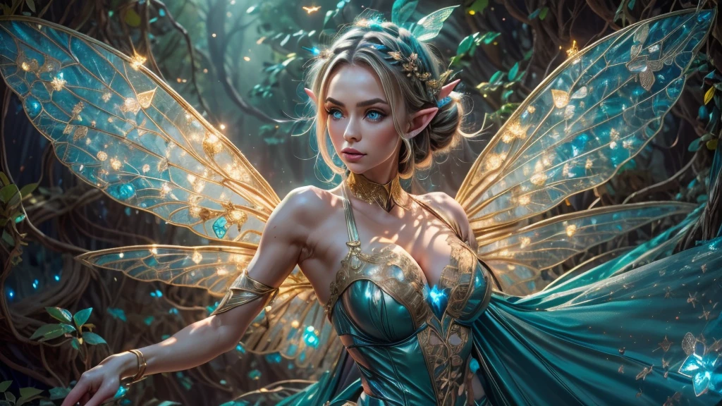 Beautiful faerie woman, elf ears, flying, hovering, floating, centered holographic dragonfly wings, balanced wings, glowing blue eyes, detailed realistic eyes, detailed proportional hand, manicured hands, four fingers on each hand, one thumb on each hand, detailed fingers, proportional fingers, painted fingernails, proportional legs, proportional arms, proportional body, firm breast, silk tutu, ballet pose, magic glitter, oak tree forest, frank Frazzetta painting style, (Best Quality:1.4), (Ultra-detailed), (extremely detailed CG unified 8k wallpaper), Highly detailed, RAW Photos, Professional Photography, plein air, Illumination, (Super fancy photos:1.4), (Dazzling light), Radiant Photography, depth of fields,