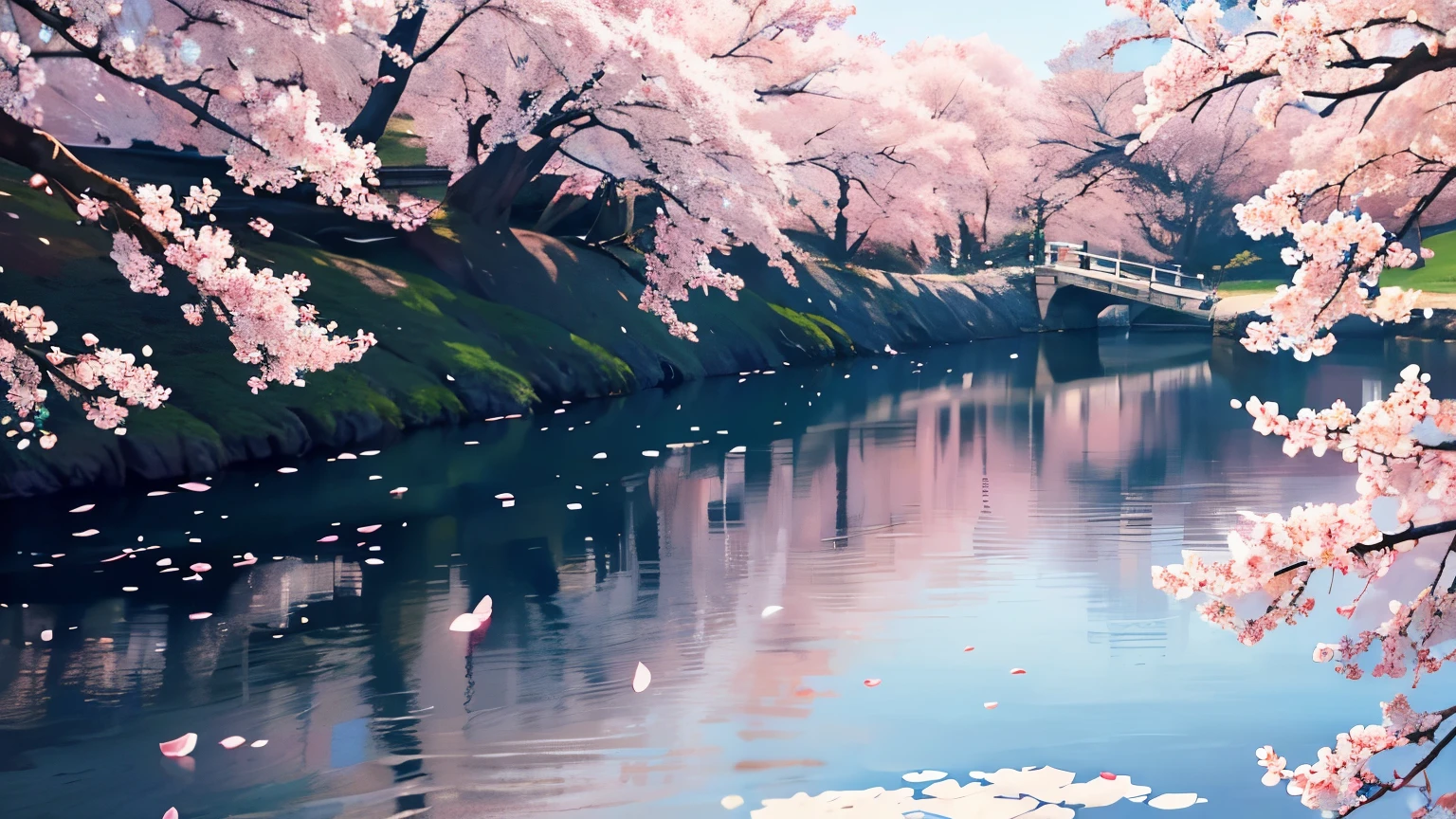 The spring scenery comes into view。Cherry blossom petals fluttering and dancing on the water、It sways gracefully as if being lured by the wind.。Pale pink petals、It blends beautifully with the blue sky reflected on the water.、Feel the coming of spring。Warm sunlight on the tree々Through the gap、The way the soft curtain of light falls on the ground along with the petals、It's the very breath of spring.