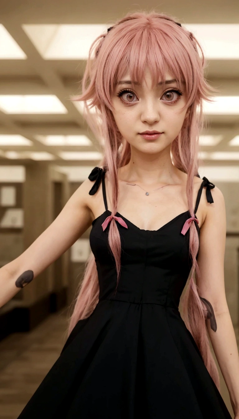 un primer plano de una persona con un vestido con cabello rosado, chica anime llamada gasai yuno, as an personaje animado, chica anime con un vestido negro, female personaje animado, Mirai nikki, personaje animado hiperrealista, estilo anime como el destino/Estancia de noche, chica calamar hembra rosa humanoide, en un anime, ung adult 26 years old hyperreal gothic anime 26 years old, gasai yuno