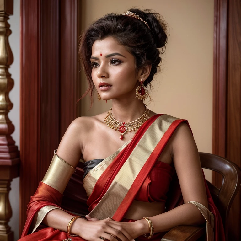 a close up of a woman in a red sari sitting on a chair, candid picture, wearing a silk kurta, candid shot, instagram post, candid photo, photo of a hand jewellery model, very very low quality picture, very beautiful enga style, candid portrait photo, red and golden color details, red and gold, wearing red and yellow clothes, candid photograph