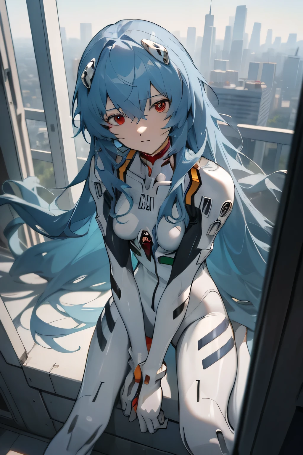 reiayanami, Rei Ayanami, Blue Hair, Long Hair, (Red eyes:1.5),
Breaking Bodysuit, headgear, Plug Suit, White bodysuit,
Destroy outdoors, city,
壊す looking at viewer, sit、Breaking the angle from above (masterpiece:1.2), highest quality, High resolution, unity 8k wallpaper, (figure:0.8), (Beautiful fine details:1.6), Highly detailed face, Perfect lighting, Highly detailed CG, (Perfect hands, Perfect Anatomy),