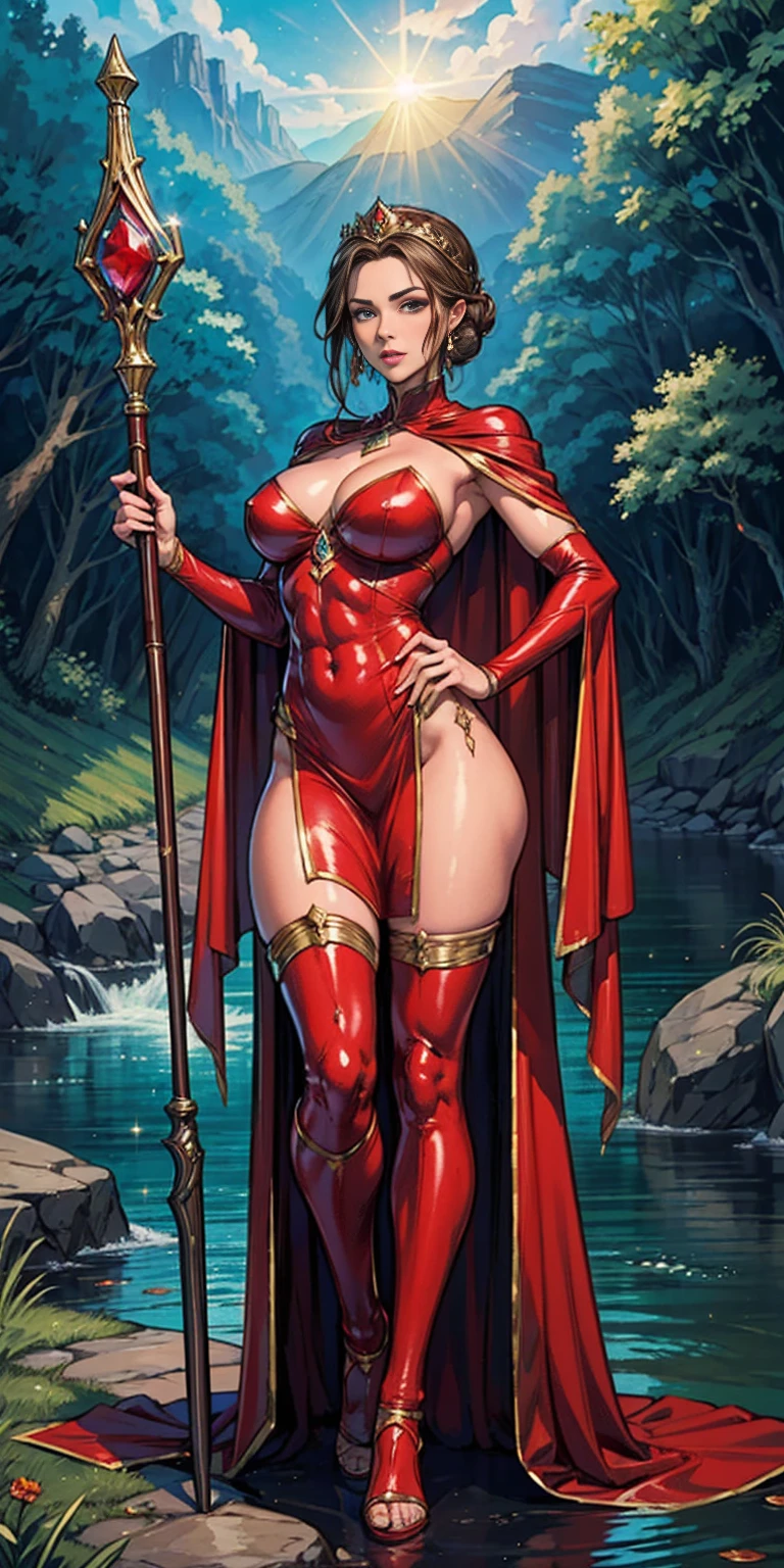 full body toe to head, masterpiece, 1soloMILF BIMBO standing pose holding magical wooded staff with ruby rose gemstone on it. long cape, strong body, abs, shiny skin (masterpiece, best quality) 1girlsolo (the empress:1.15) (red cape) curtain, armored dress, queen dress, aurora (sunshine, sky, river, forest)