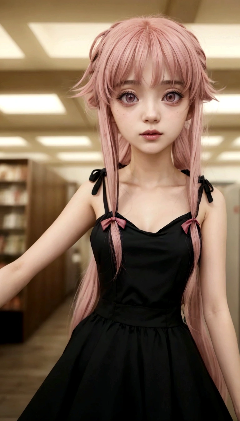 un primer plano de una persona con un vestido con cabello rosado, chica anime llamada gasai yuno, as an personaje animado, chica anime con un vestido negro, female personaje animado, Mirai nikki, personaje animado hiperrealista, estilo anime como el destino/Estancia de noche, chica calamar hembra rosa humanoide, en un anime, 1 young adult 26 years old hyperreal gothic anime 26 years old, gasai yuno