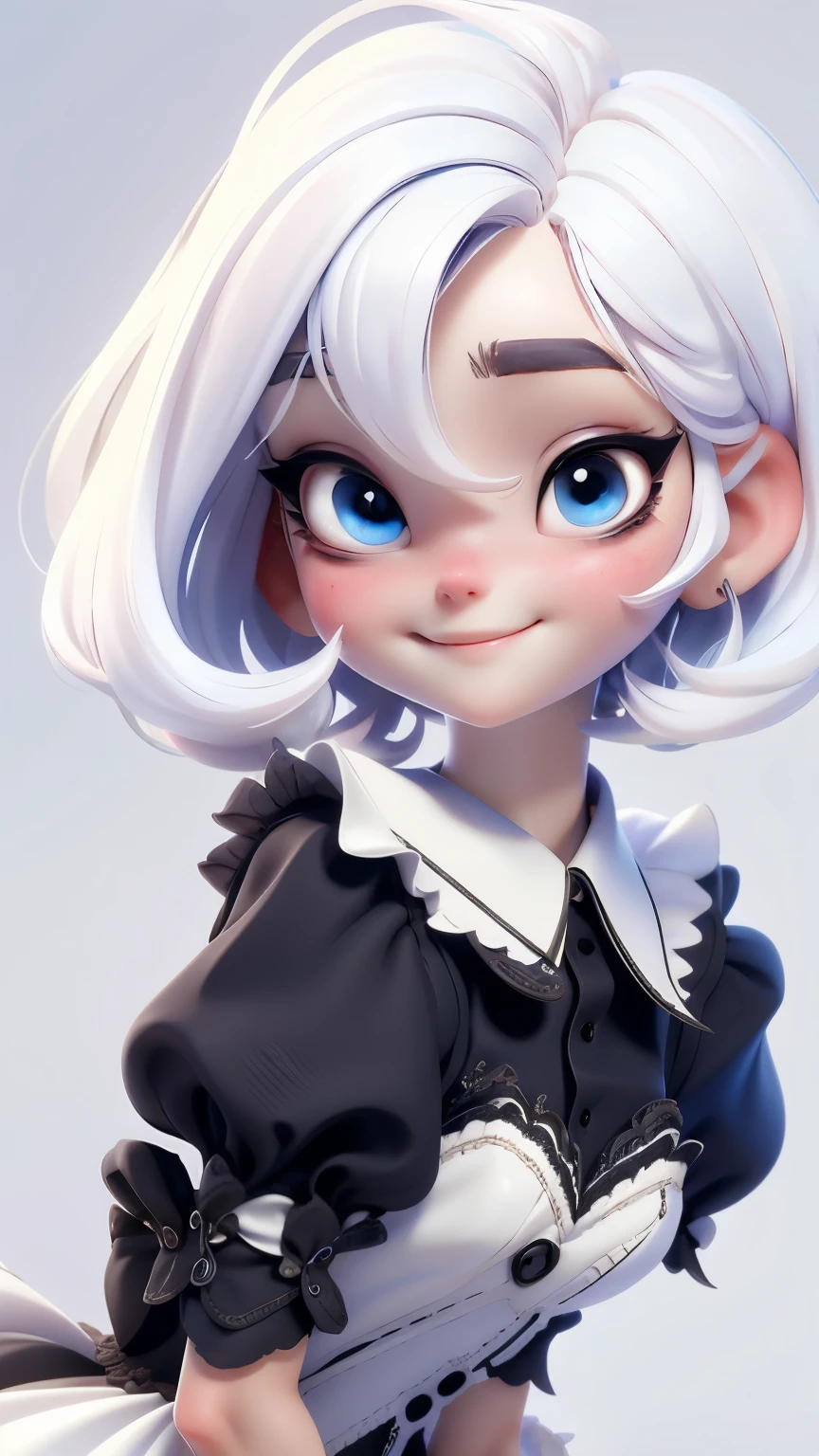 Alice in Wonderland, Model figure style , maid clothes black color, clothes maid black color, sweet girl, exquisite eyes, Inverted Bob white hair , white hair, delicate smile, show body , simple white background