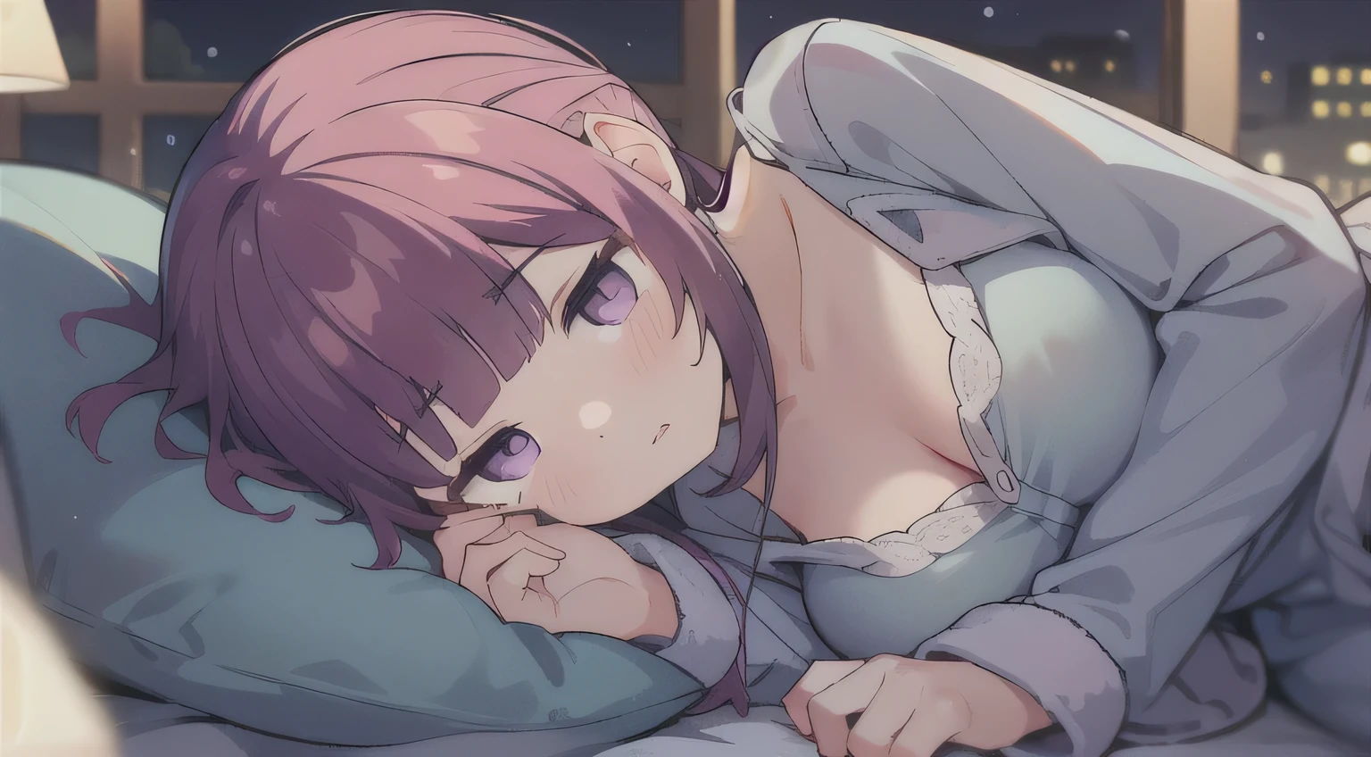one's home、25-year-old woman、beautiful purple hair、Sleeping in bed、naked、highest quality、Real、A happy smile、Fine eyes and lips、