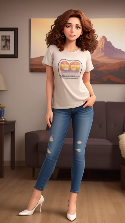 (highest quality,4K,8k,High resolution,masterpiece:1.2),Super detailed,(Realistic,photoRealistic,photo-Realistic:1.37)、47-year-old woman, Full body photo、Elegant curly hair、medium dark brown 髪, Charming smile, Dark brown eyes, white T-Shirts、Skinny jeans、High heels、