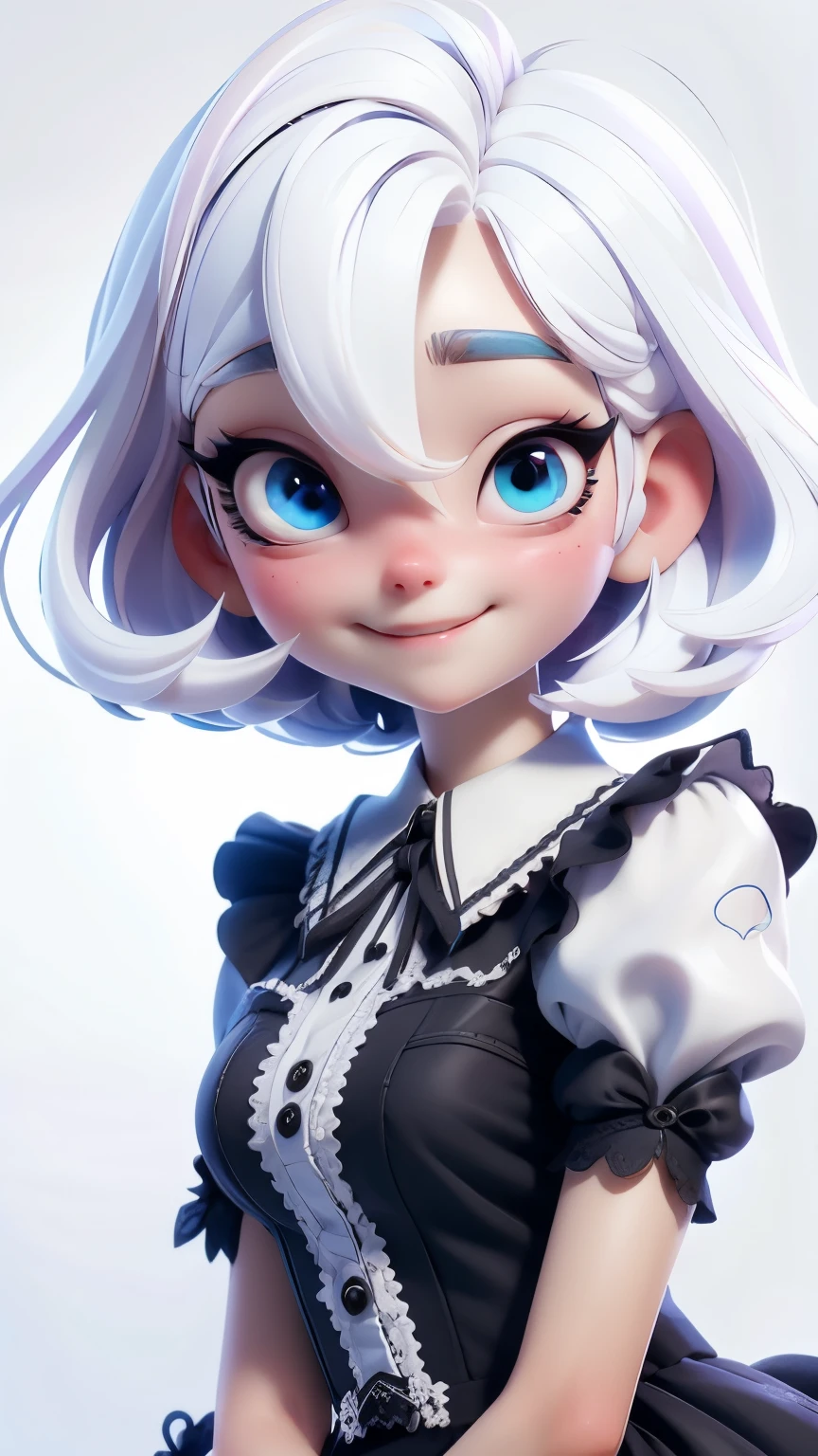 Alice in Wonderland, Model figure style , maid clothes black color, clothes maid black color, sweet girl, exquisite eyes, Inverted Bob white hair , white hair, delicate smile, show body , simple white background