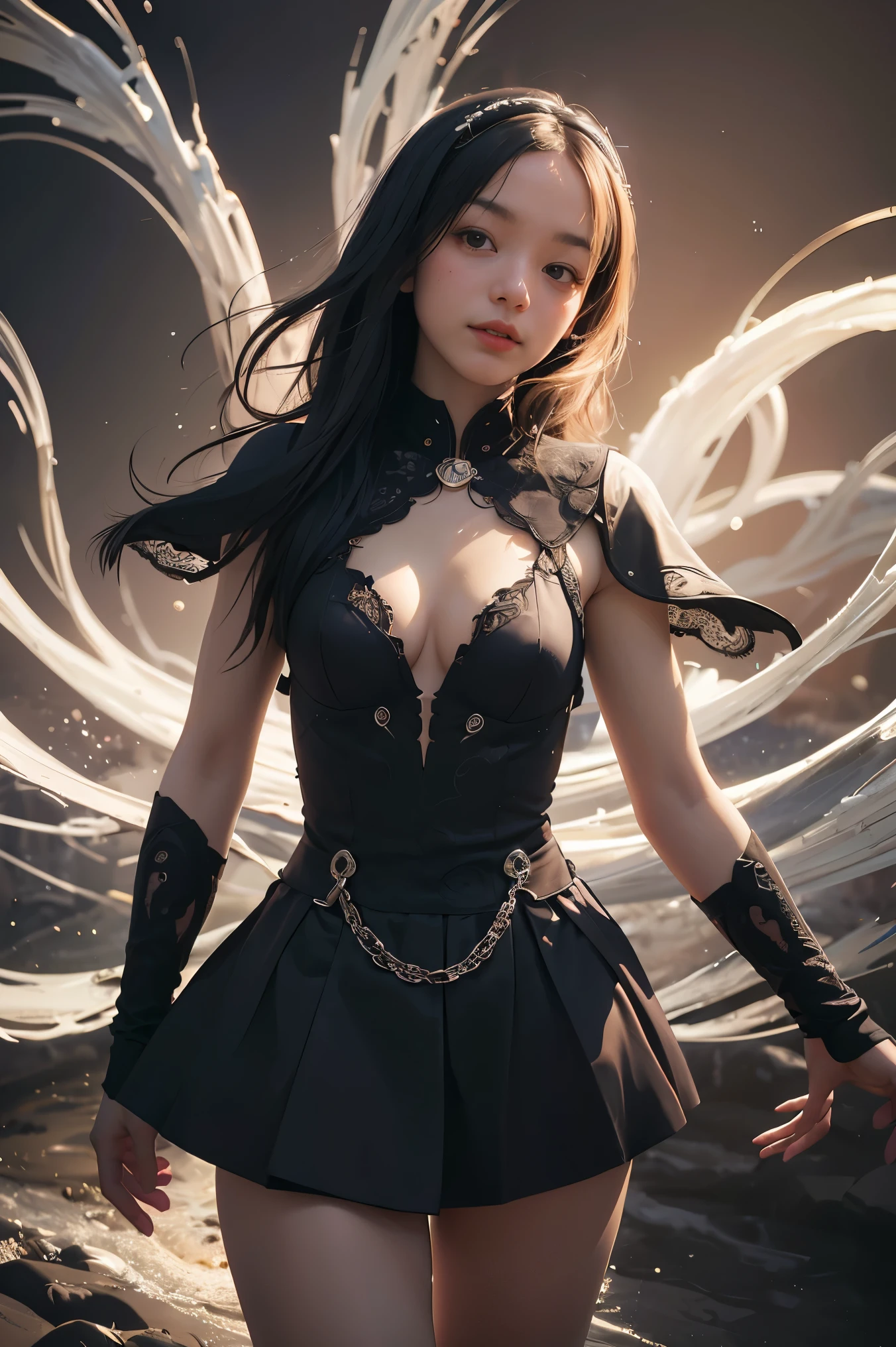 ((masterpiece, best quality)), ultra detailed 8k, photorealistic, sharp focus, highly detailed, professional lighting , shadowmancer, photo of a woman, ink particle, ((swirling black ink floating around)), futuristic fantasy, futuristic black dress, dynamic pose, realistic, masterpiece, intricate details, detailed background, depth of field,