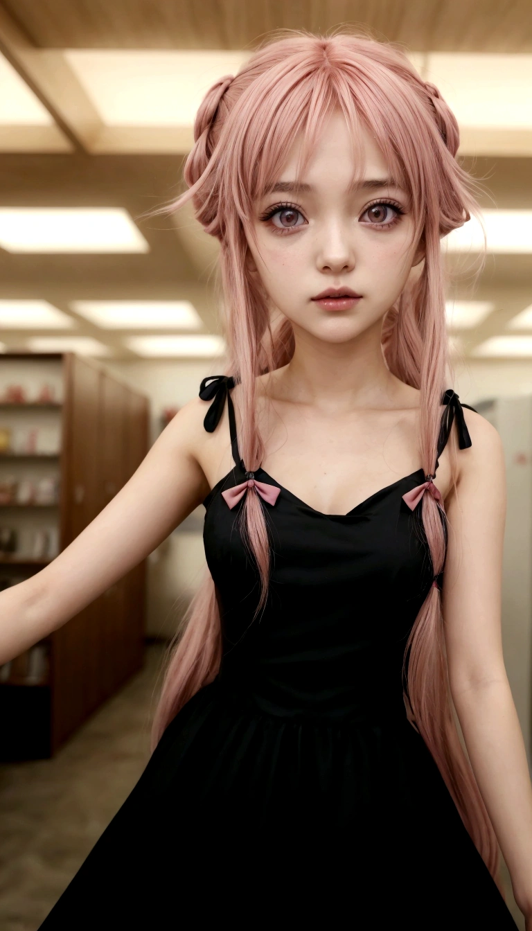 un primer plano de una persona con un vestido con cabello rosado, chica anime llamada gasai yuno, as an personaje animado, chica anime con un vestido negro, female personaje animado, Mirai nikki, personaje animado hiperrealista, estilo anime como el destino/Estancia de noche, chica calamar hembra rosa humanoide, en un anime, ung adult 26 years old hyperreal gothic anime 26 years old, gasai yuno