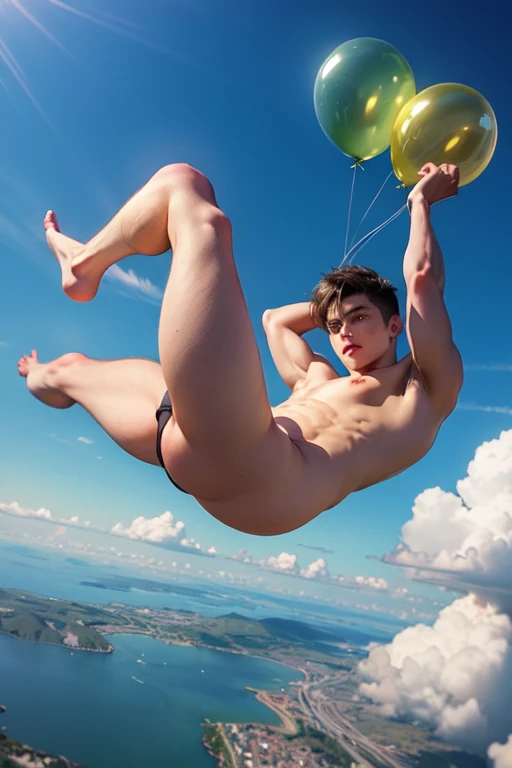 masterpiece, best quality, 1  muscular boy, falling from the sky, Round , clouds, balloons, full body shot, looking at the camera,perfect eyes,high detailed,uhd 8k,ultra realistic,photorealistic, yellow and green holographic colors, futuristic, cartoon rendering, cinematic shot, best quality, masterpiece, realistic, 1boy, handsome young looking babyface, fantastical